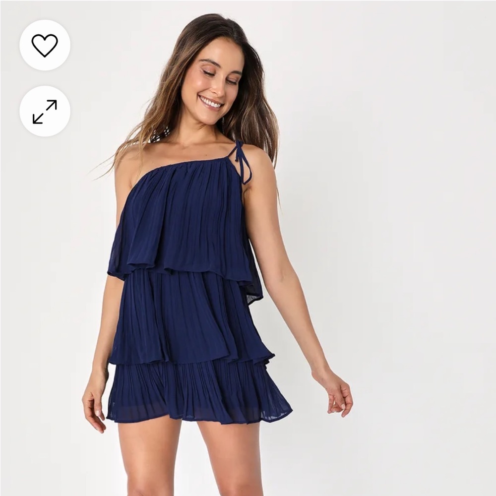 Lulus Blowing Kisses Navy Blue Pleated One-Shoulder Mini Dress